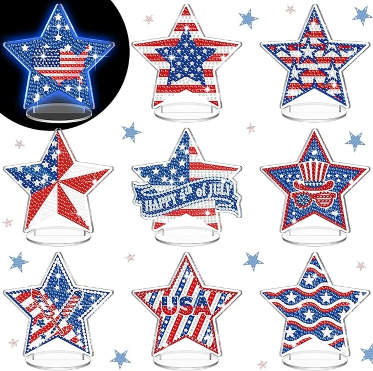 9 Pcs Luminous 4th of July Diamond Art Tabletop Decor - Glow in The Dark Double-Sided Patriotic Diamond Painting Kits for Adults, DIY Star Centerpieces for Memorial Day & Tiered Trays